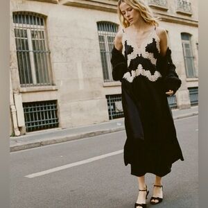 DÔEN Obelia corded lace-trimmed silk-satin midi dress in navy and cream